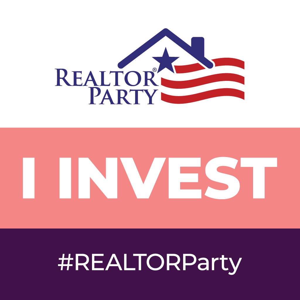 REALTOR PARTY logo with house roof and waving stripes, above a peach banner reading I INVEST and a purple strip with '#REALTORParty'.