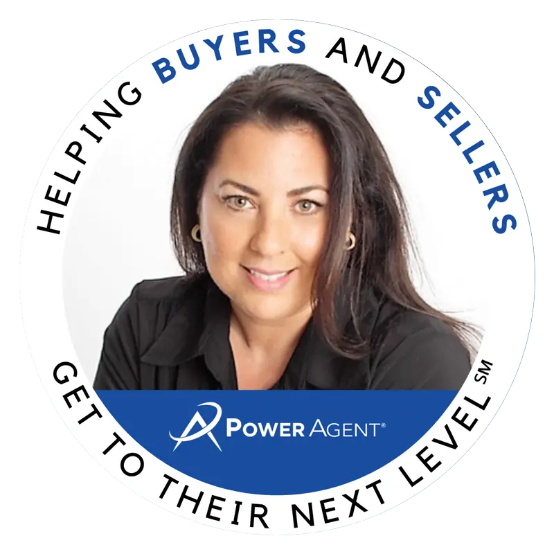 Circular badge featuring a smiling woman and the slogan 'Helping Buyers and Sellers Get To Their Next Level' with the PowerAgent logo.